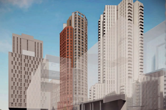 CGI of the scheme from the centre with approved tower in middle 