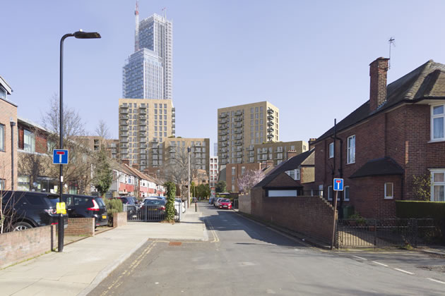 A visualisation from Barratt of the proposed buildings with North Acton towers in the background 