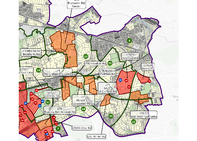 Map showing LTNs planned for the Acton area 