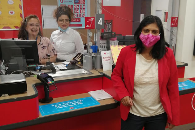 Rupa Huq with post office staff in WHSmith