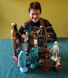 Rosie Goldsmith, Presenter, with her collection of Virgin Marys