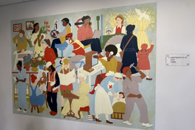 A mural in the entrance foyer celebrates women from past, present and future