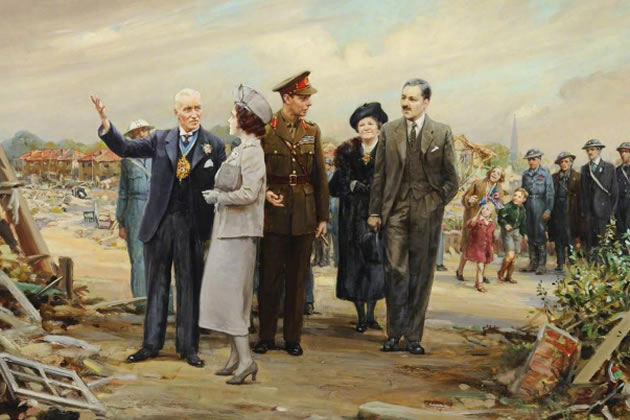 “George VI and Queen Elizabeth Inspecting Air Raid Damage at Perivale, 27th September 1940” by Margaret Dovaston. Picture: Ealing Central Library