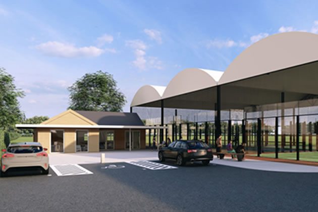 A visualisation of the new padel courts with the pavilion on the left
